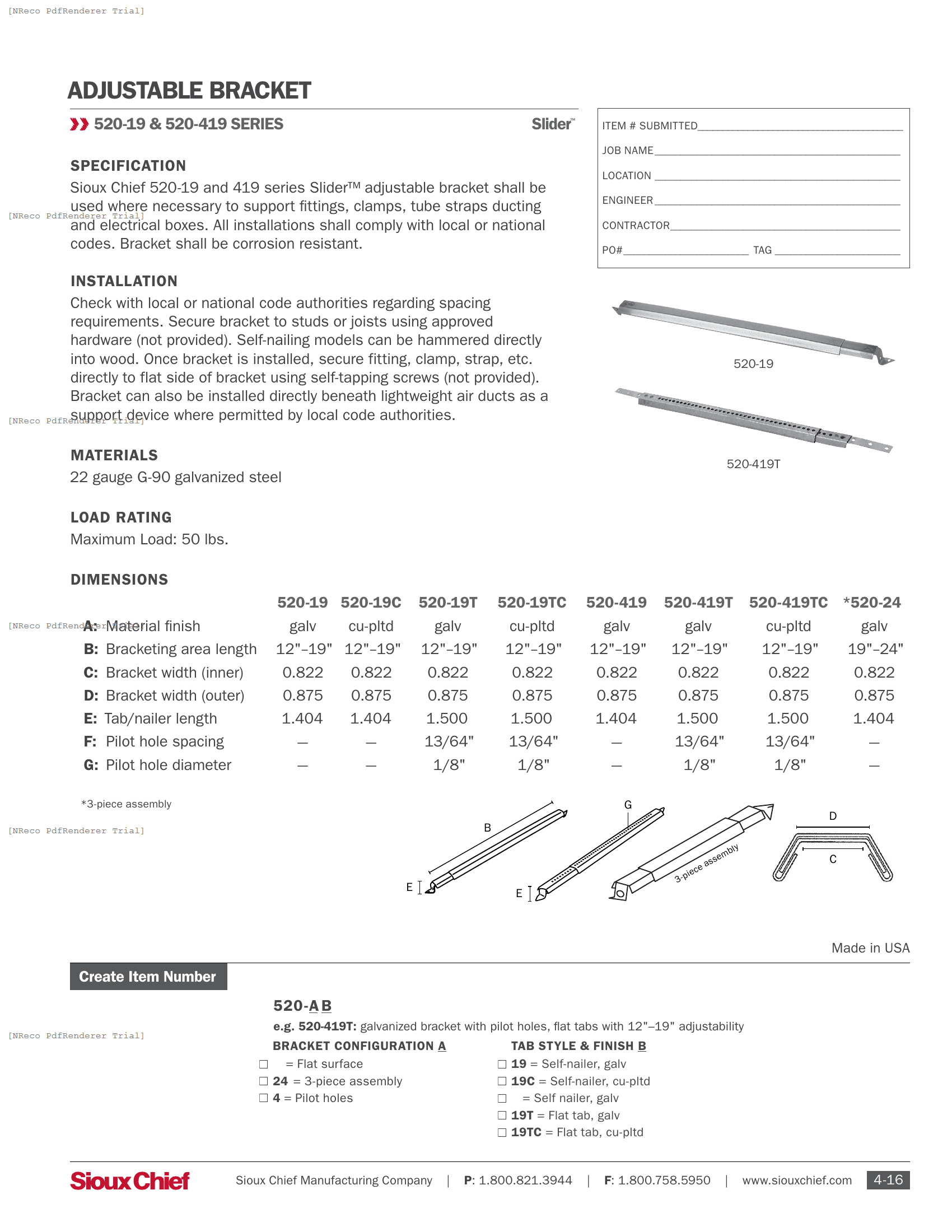 520 SERIES - SLIDER BRACKET - SPEC SHEET.PDF Specification Document